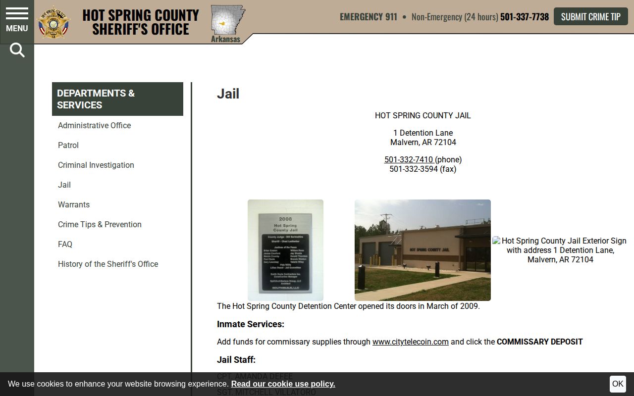 Hot Spring County jail information for recent arrest checks