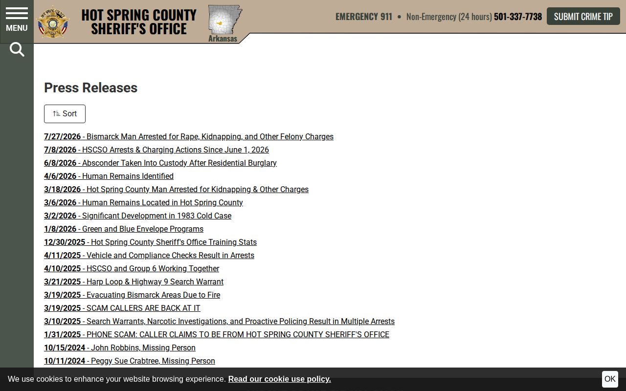 Hot Spring County official arrest and investigation press-release archive