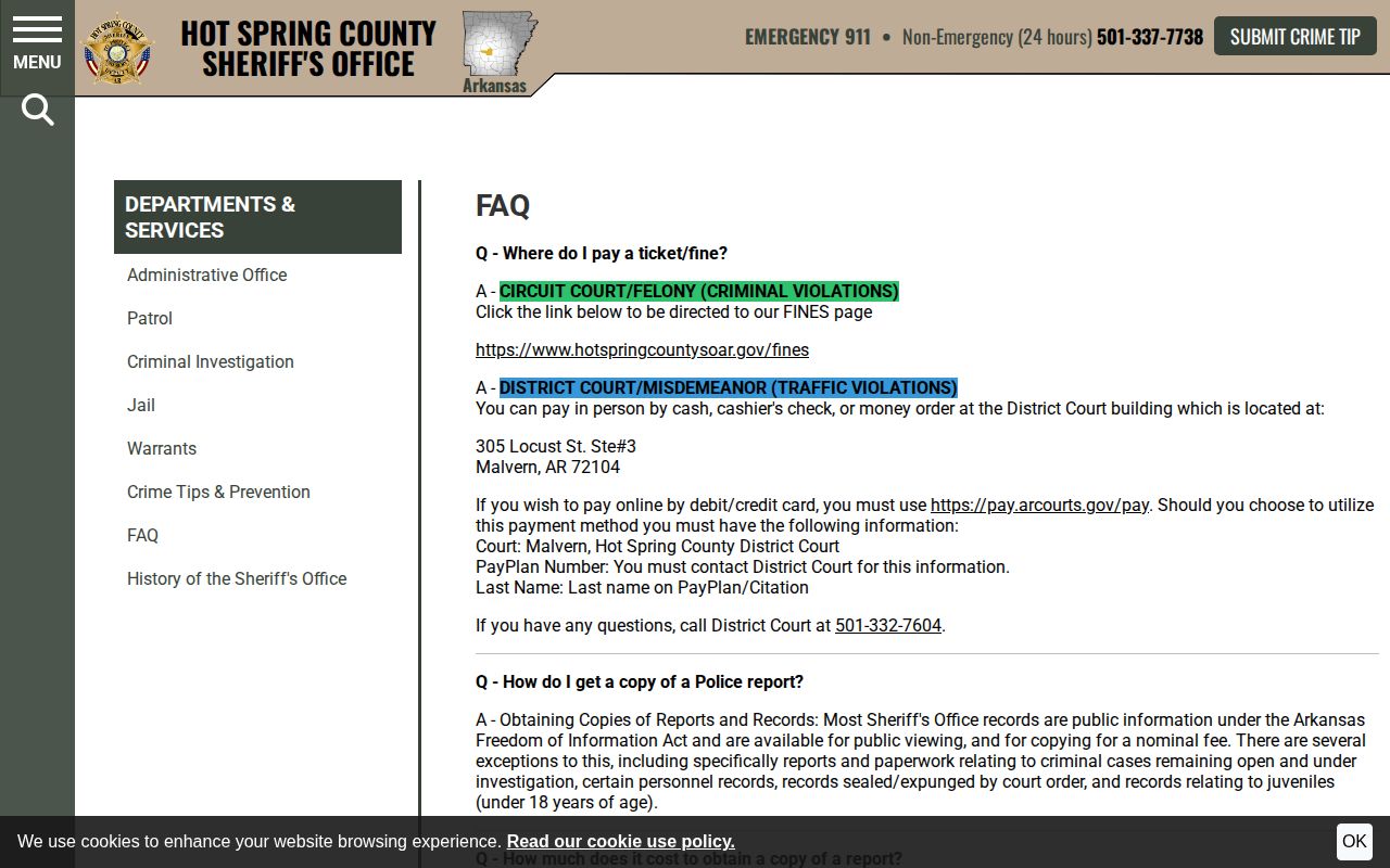 Hot Spring County arrest record FOIA instructions