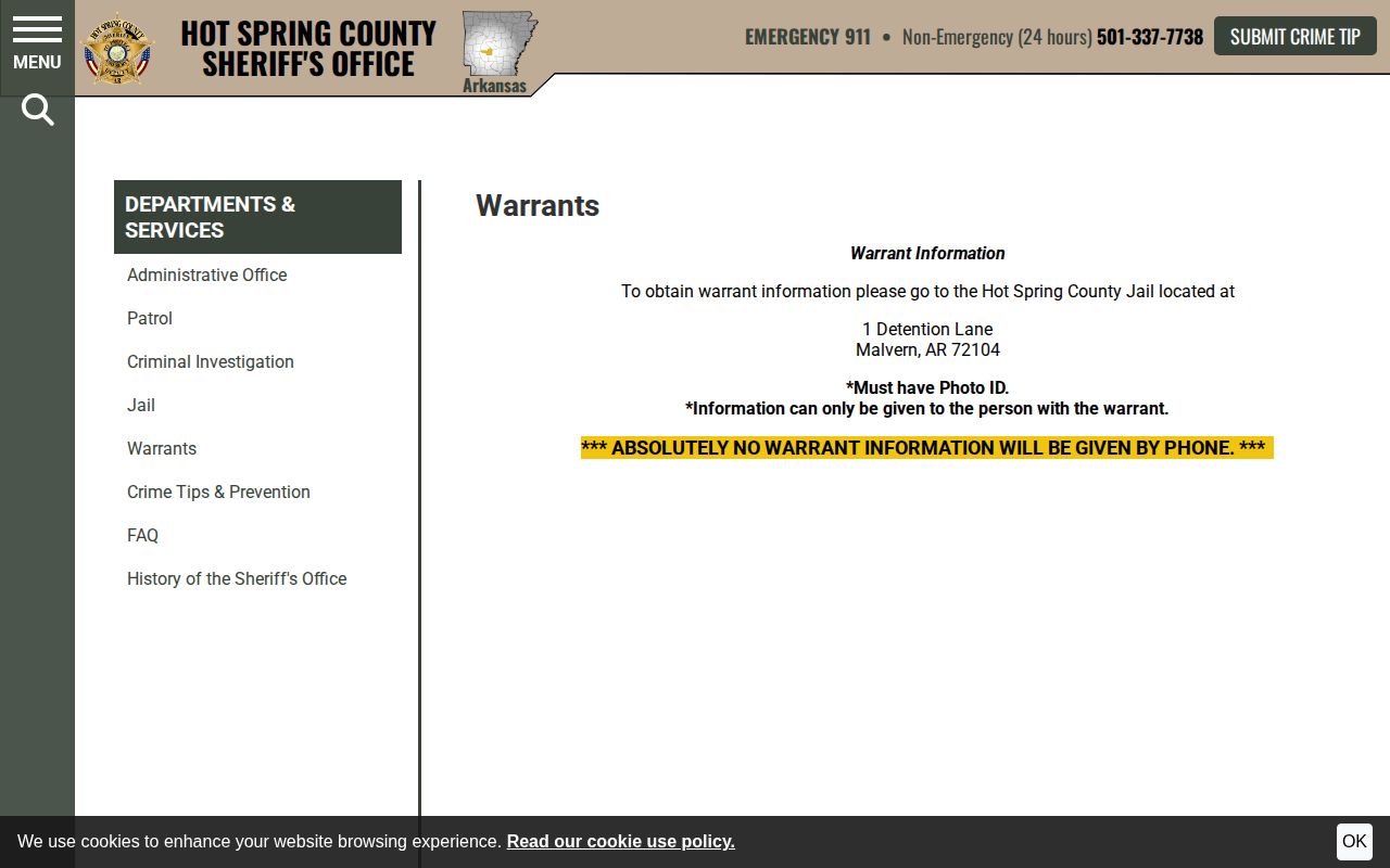 Hot Spring County arrest warrant verification rules