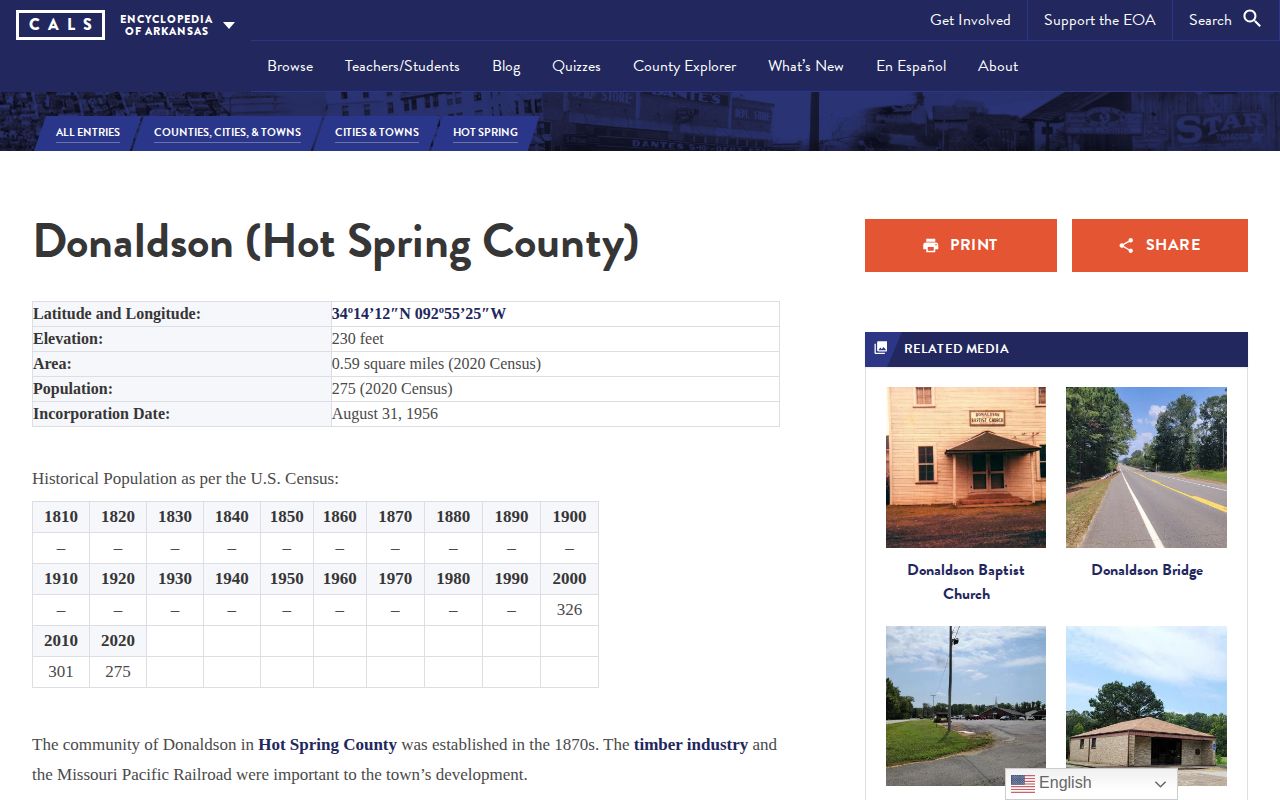 Encyclopedia of Arkansas profile for Donaldson in Hot Spring County