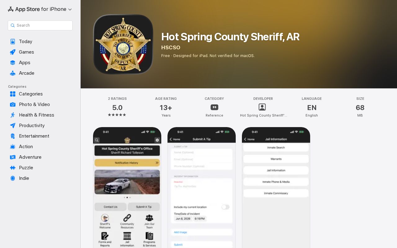 Hot Spring County Sheriff public safety app distinct from VINELink custody alerts