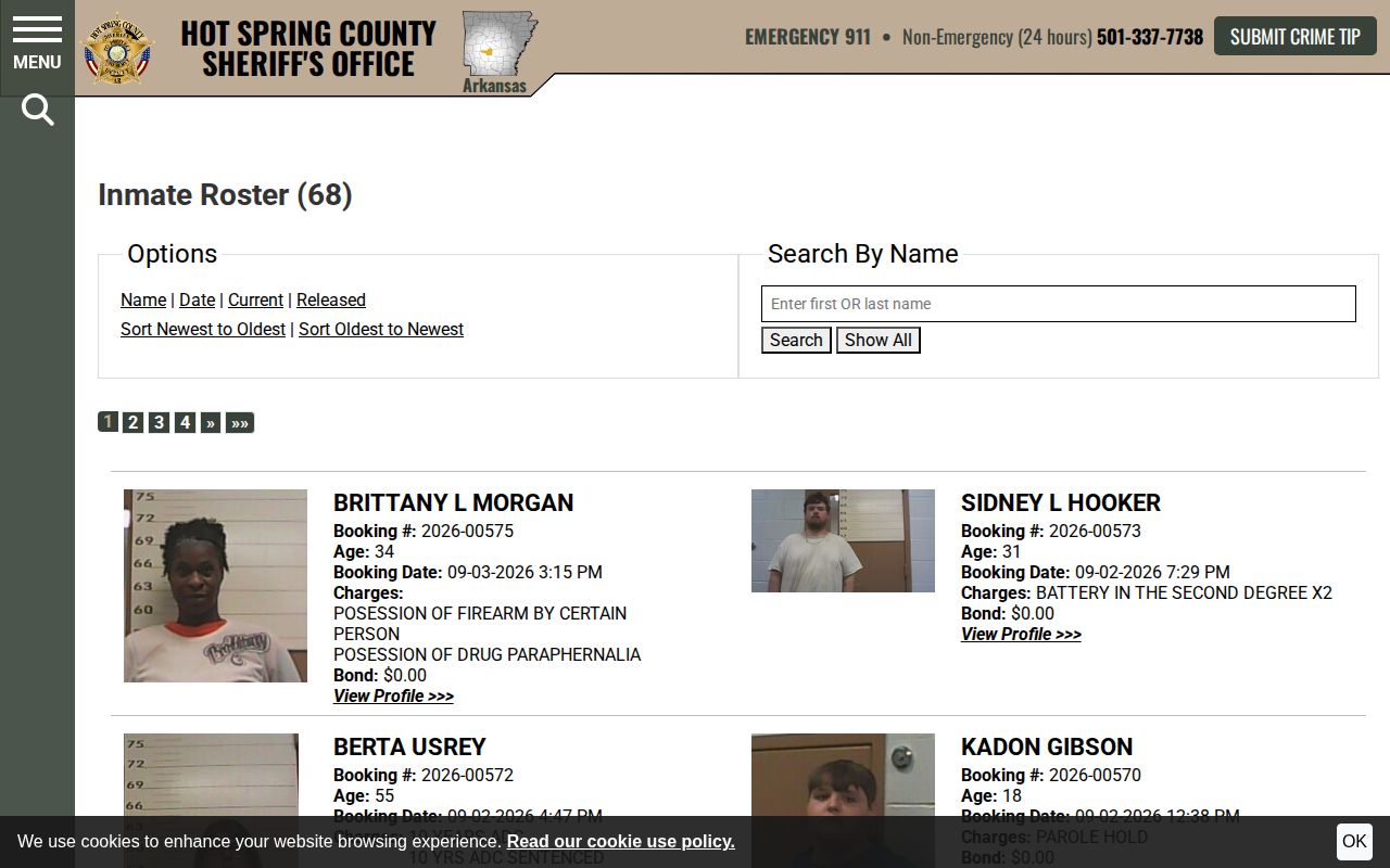 Hot Spring County current arrest roster sorted by recent booking time
